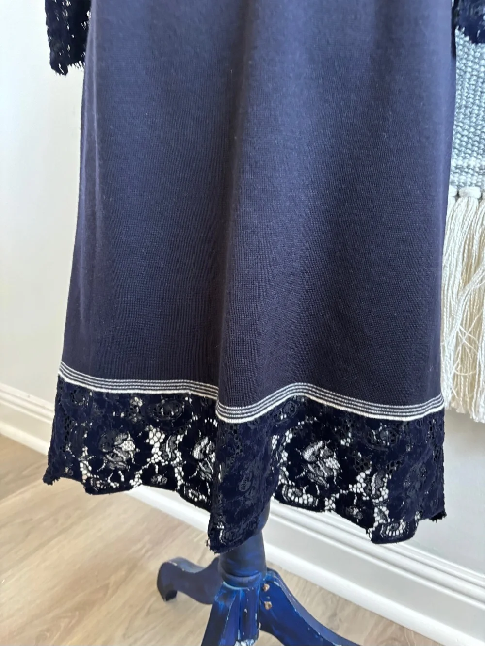 Tory Burch Navy Dress with Velvet Lace Trim Midi Dress